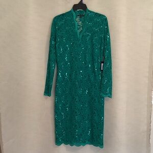 Emerald Green Lace Sequin Long Sleeve Sheath Dress